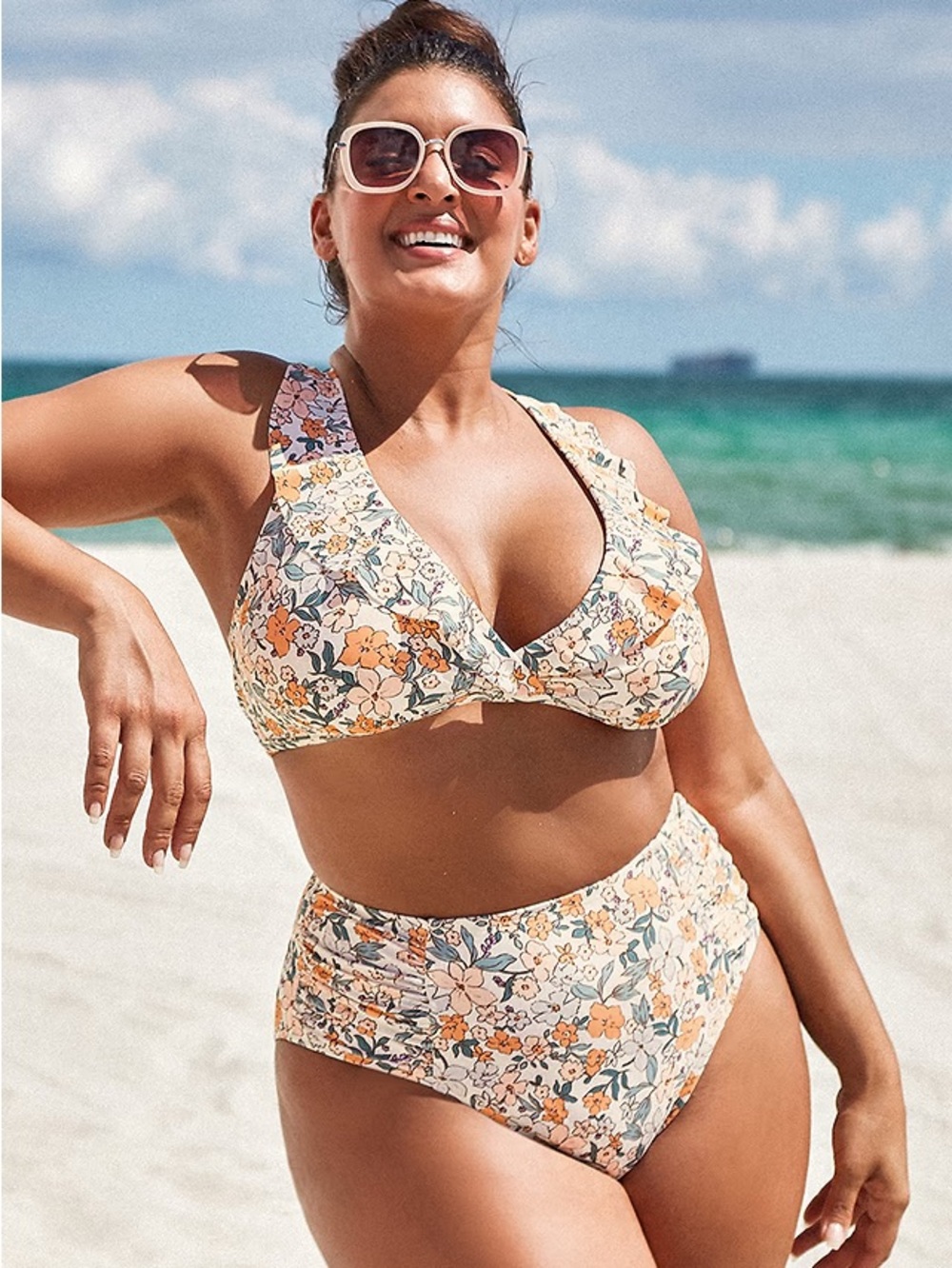 NWT Cupshe Floral High-Waist Bikini Set in Cream, Orange and Green